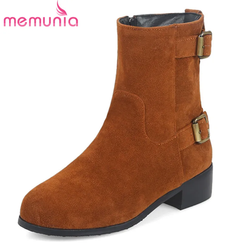 

MEMUNIA 2020 big size ankle boots women flock round toe zip buckle autumn winter short boots square heel casual shoes woman