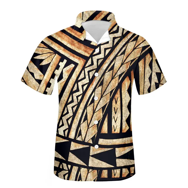 FORUDESIGNS Summer Men Shirts Polynesian Tribe Design Casual Loose Beach Camisas Oversized Chemise Homme V-neck Men Clothing Hot black