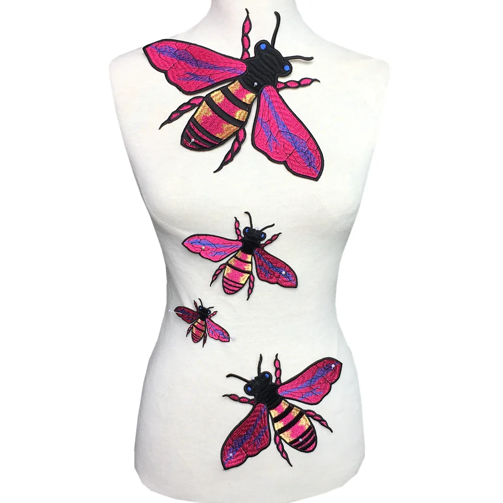 Set of 4 Large Embroidered Bee Patch Embroidery Bees Applique Big Patches For Clothing Bag Parches DIY Accessories Sew