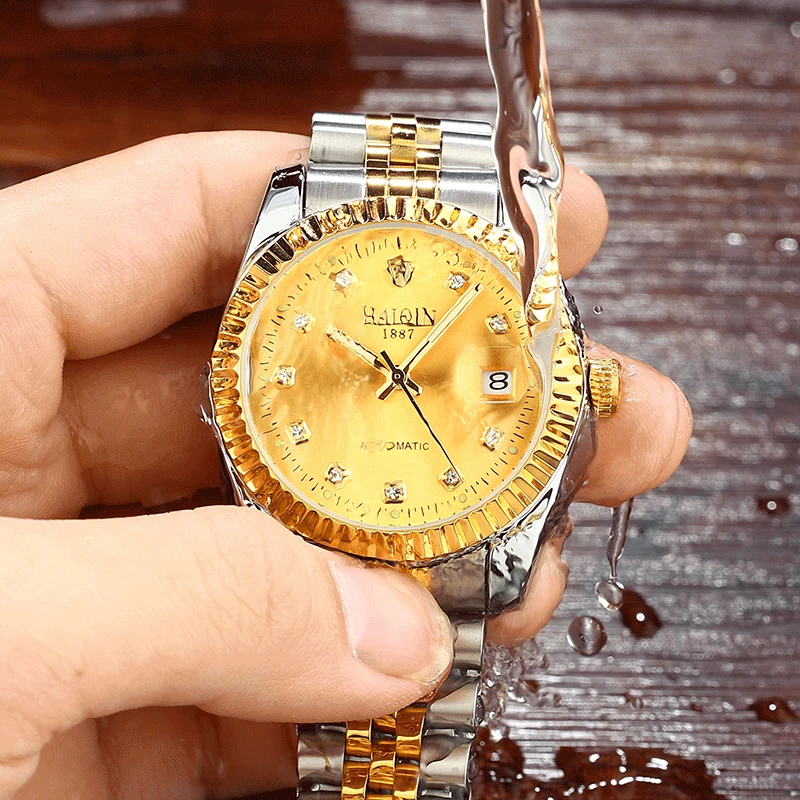 Tanie 2019 HAIQIN moda męska Casual mechaniczne zegarki wodoodporne 30M ze stali nierdzewnej złoty pasek luksusowe automatyczne data zegar Saat