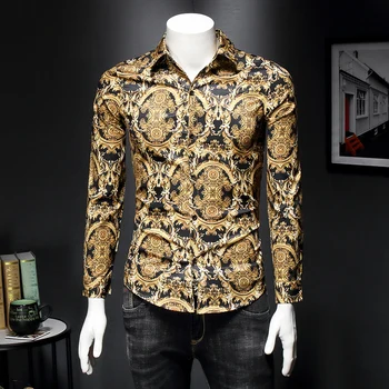 

High Quality Golden Print Men Shirt Long Sleeve Casual Slim Fit Dress Shirts Blouse Homme Streetwear Social Top Camisa M-5XL