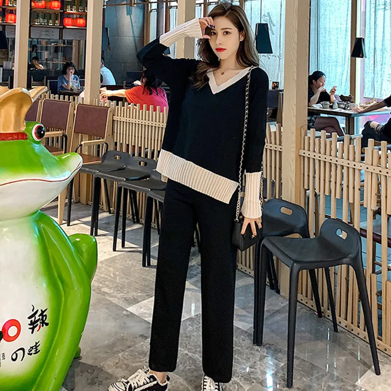 

2020 Fashion Designer Runway New Pattern Women's Wear Temperament Knitting Top+Chic Broad-Legged Trousers 2 Piece Suits S-4XL