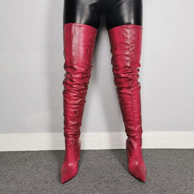 Sexy Snake Skin Thigh High Boots Pointed Toe Zipper Custom Made - Main Image