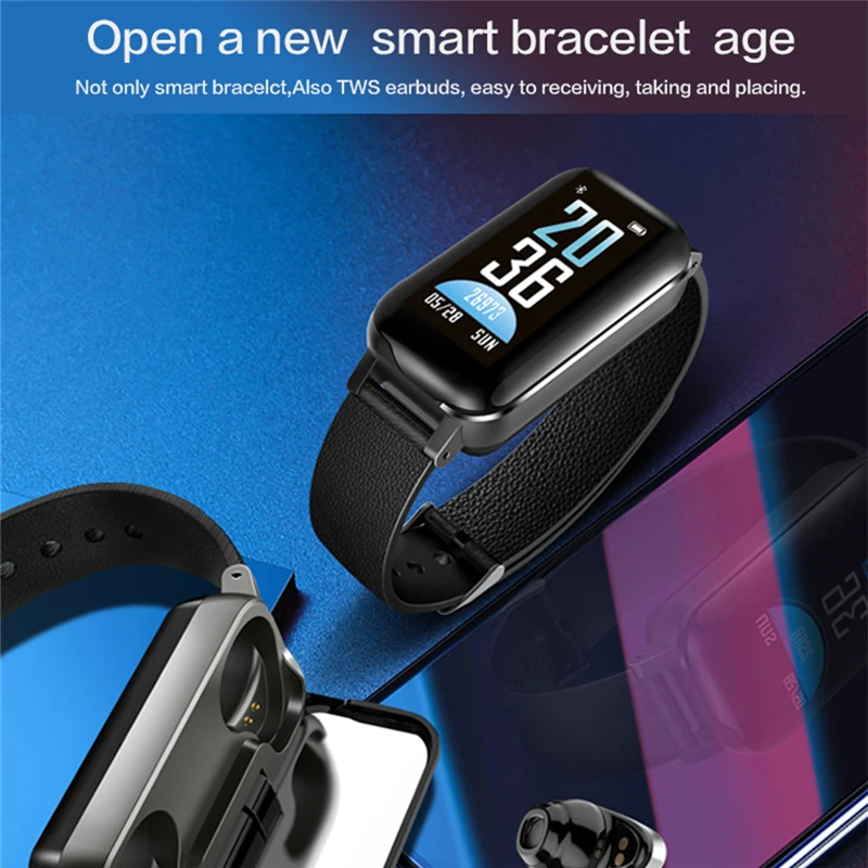ESEED T89 Smart Bracelet TWS BT 5.0 Headphone Fitness tracker Heart Rate Monitor Smart Wristband Sport Watch for Android and iOS