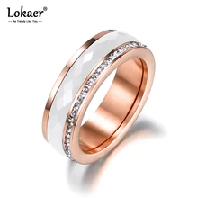Lokaer Classic Titanium Steel White Ceramics Ring Jewelry Rose Gold CZ Crystal Wedding Engagement Rings For Women Anneaux R18056