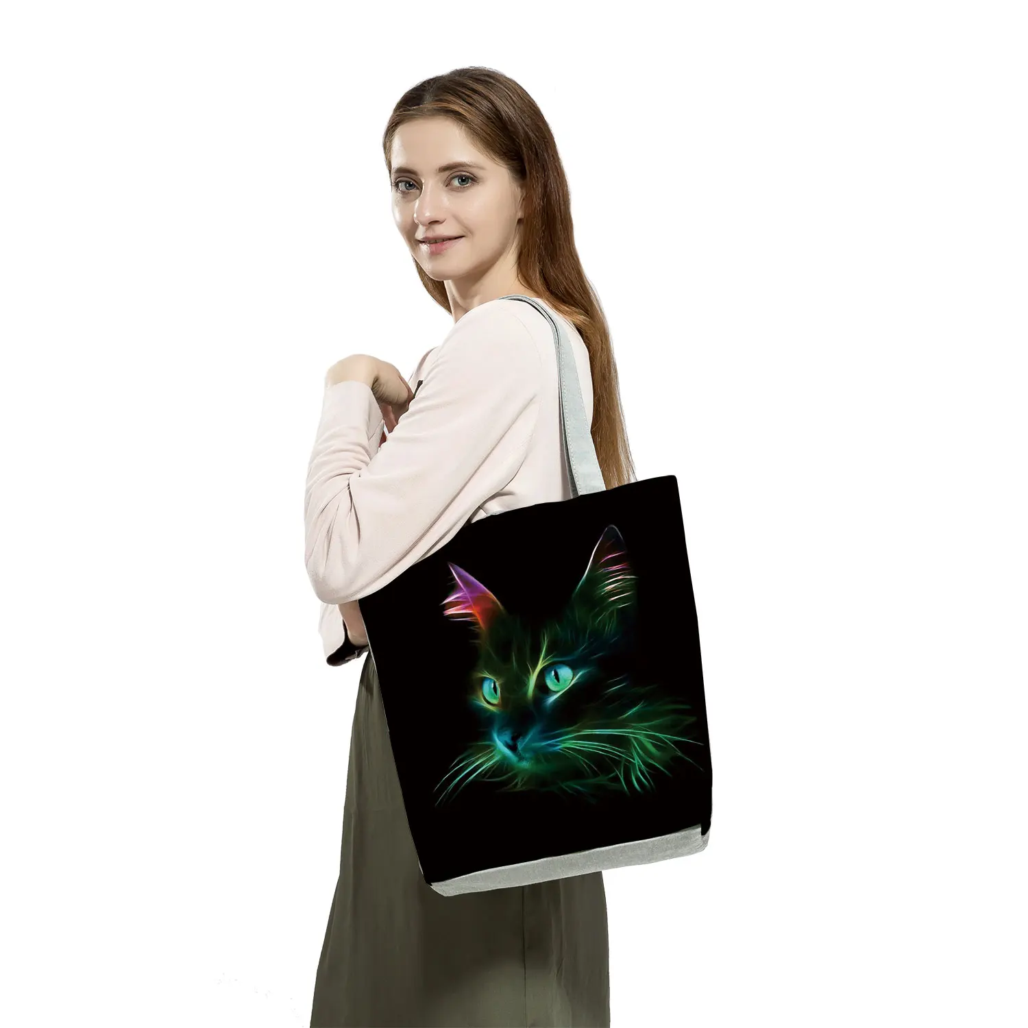 New for 2022 Reusable Handbag Shopping Bags High Capacity Travel Shoulder Bag Moon Cat Print Cool Tote Fashion Ladies Portable