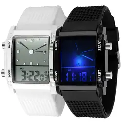 Мужские часы с квадратным циферблатом и двойным часовым дисплеем, будильник, цветной светодиодный, спортивные электронные наручные часы