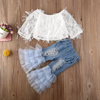 

1 2 3 4 5 6Y Fashion Toddler Baby Kid Girl Clothes Two Piece Sets Floral Lace Off Shoulder Tops Ruffle Hole Denim Pants Outfit