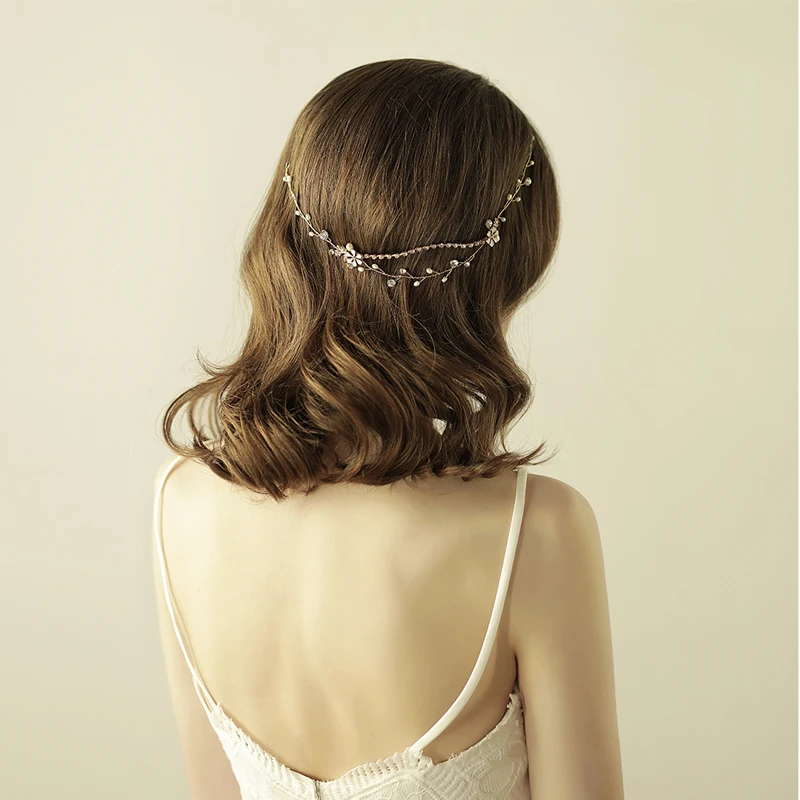 O812 Chained freshwater pearl metal headband vintage rhinestone braid headband bride hairband ladies wedding hair accessories