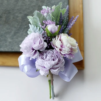 

Handmade Artificial Bridal Bouquet Chair Back Flower Church Banquet Wedding Decoration Bouquet Chair Rose Ribbon
