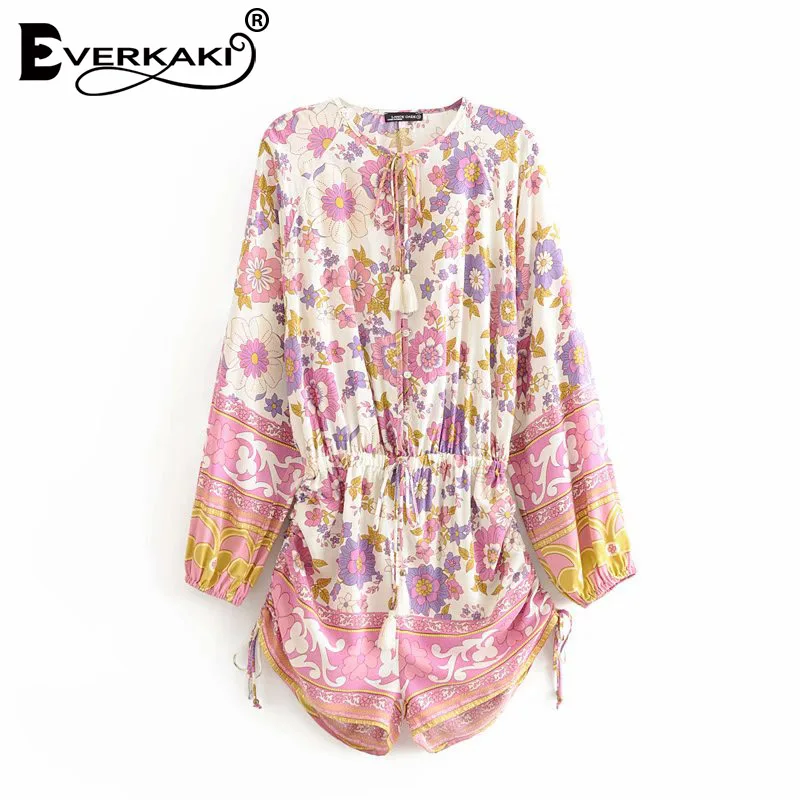 Pink Everkaki комбинезоны, женские комбинезоны в богемном стиле, с кисточками, с поясом, с завязками на шее, цыганские Этнические женские комбинезоны, женские комбинезоны, Новинка лета - Цвет: Pink