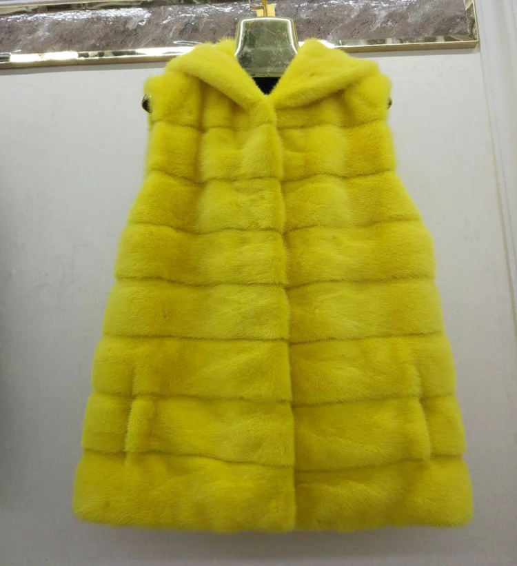 Bright yellow Натуральный норковый Меховой жилет с капюшоном Женский натуральный норковый меховой жилет теплая зимняя шуба - Цвет: Bright yellow