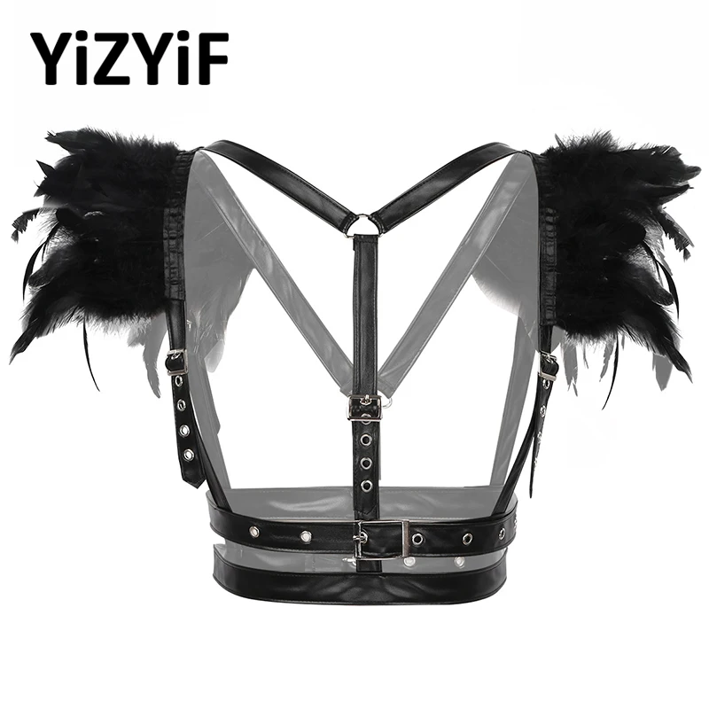 Gothic Feather Cape Shawl Women Victorian Natural Shrug Shoulder Wrap Epaulette with Harness Belt Rave outfit |