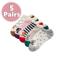 5 пар, женские хлопковые носки, мягкие, удобные, эластичные носки, с рисунком кота, в полоску, цветные, повседневные носки
