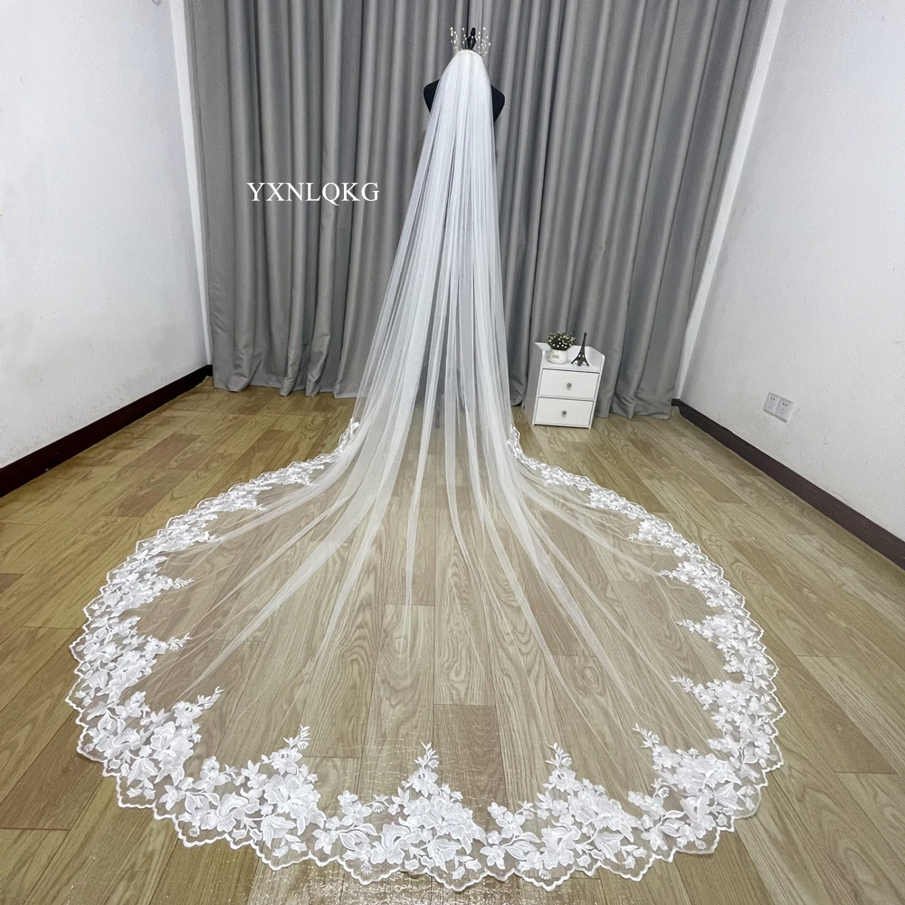 Custom Made Luxury 3M Wedding Veils With Lace Applique Edge Long Cathedral One Layer Tulle  Bridal Veil  wedding accessories white ivory 3m 5m cathedral length lace edge bridal head veil with comb long wedding veil accessories velos de novia