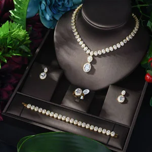 gold HIBRIDE Свадебные Ювелирные наборы для женщин из блестящего кубического циркония, набор из 4 предметов, серьги и ожерелье, Африканский ювелирный набор, N-1172 - Окраска металла: gold