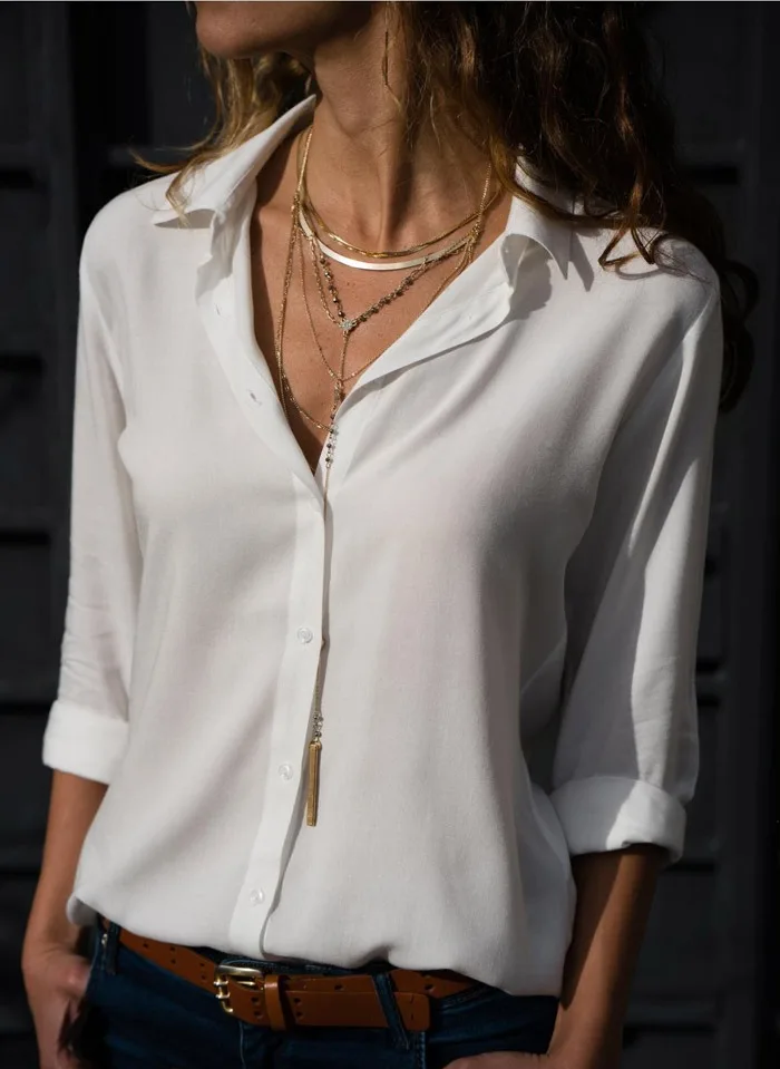 Повседневная женская летняя блузка с длинным рукавом и отложным воротником майка широкого кроя пакет бедра сплошной цвет длинная блузка Летний шифоновый топ S-5XL - Цвет: 3-8004 white