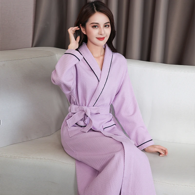 purple Вафельный Халат для влюбленных, хлопок, Банные мужские халаты и женские, водонасосная ночная рубашка, одежда для сна, мужской повседневный домашний банный халат для гостиницы - Цвет: purple