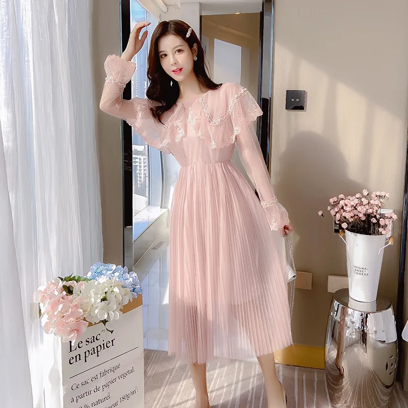 

2020 WOMEN'S Dress Early Spring New Style Bell Sleeve Western Style Cloak Peter Pan Collar Mesh Dress over-the-Knee Pleated Fair