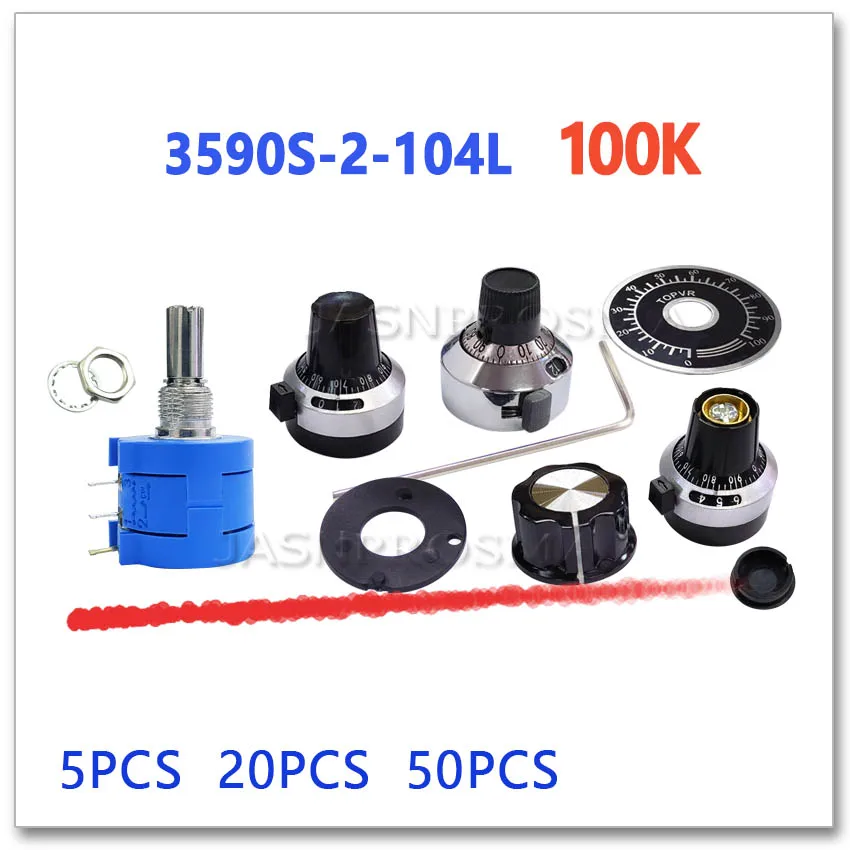 JASNPROSMA 5PCS 20PCS 50PCS 3590S-2-104L 100K Scale plastic iron copper knob Precision multi turn potentiometer 3590S 2 3590