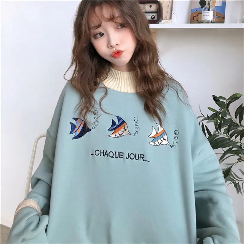 Новые бархатные толстые Ulzzang женские осенние корейские ins Harajuku винтажные Веселые топы с героями мультфильмов Модные свободные повседневные женские толстовки