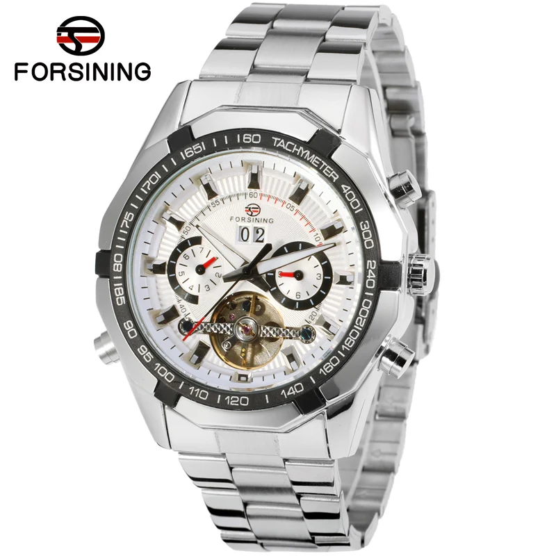Forsining мужские часы автоматические механические часы мужские s Tourbillon золотые наручные часы из нержавеющей стали для мужчин Relogio Masculino - Цвет: silver white
