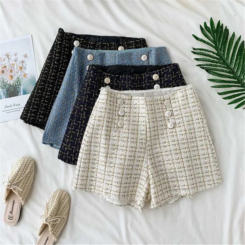 Spring Autumn Double-breasted High Waist Wide Leg Shorts For Women Plaid Bright Silk Slim Short Pants Ladies A-line Femme Shorts