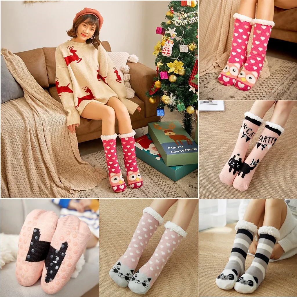 Женские зимние хлопковые носки с принтом, толстые нескользящие носки-тапочки, носки для ковров, забавные теплые носки для зимы, женские носки, calcetines mujer