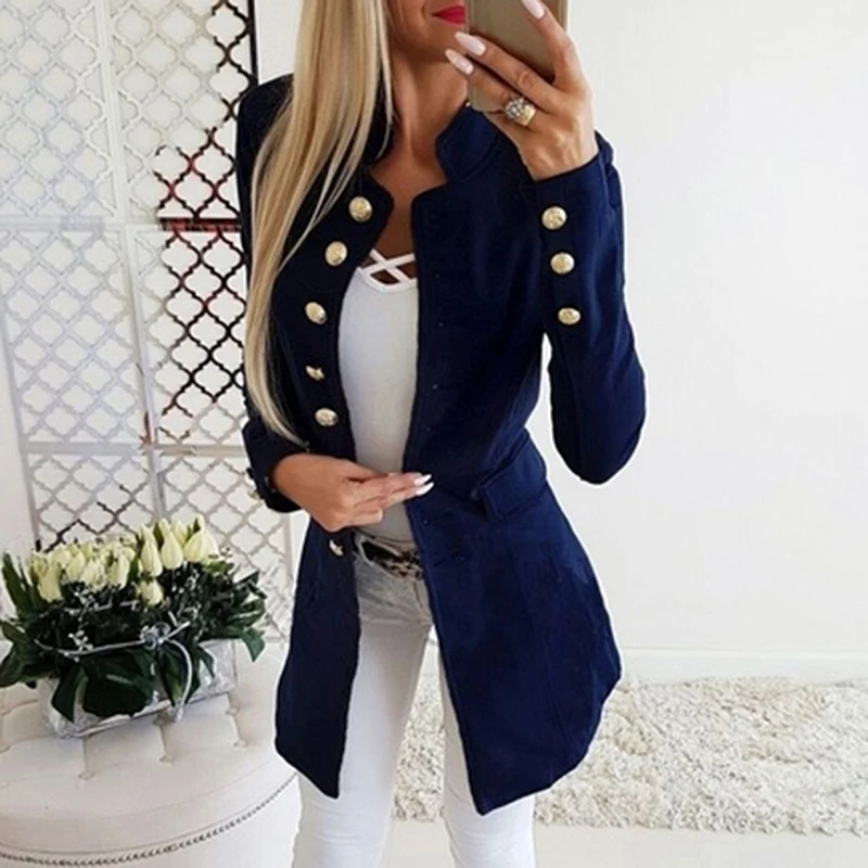 Blue Женский Осенний весенний Длинный блейзер, модный однобортный женский длинный пиджак с карманами, элегантный блейзер с длинным рукавом, верхняя одежда, Новинка - Цвет: Blue