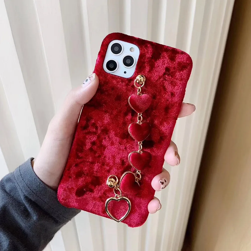 Роскошный теплый плюшевый 3d браслет с сердечками для iphone 11 Pro XR XS Max X 7 8 6 6s Plus чехол