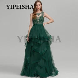O-Neck Lace Appliques A-Line Evening Dresses See-Through Ruched Tulle Sleeveless Prom Party Gown robes de soirée vestidos
