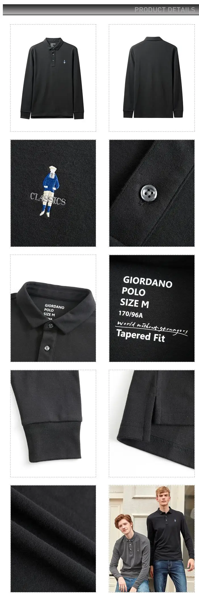 Giordano Men Polo Shirt Long Sleeve Embroidery Casual Tops For Men Cotton Polos Para Hombre Ribbed Cuffs 01019782