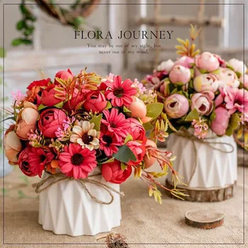 

Nordic Simulation Flower Set Ceramic Hemp Rope Vase Rose Flower Simulation Plant Potted Home Decoration Fake Flower Pot