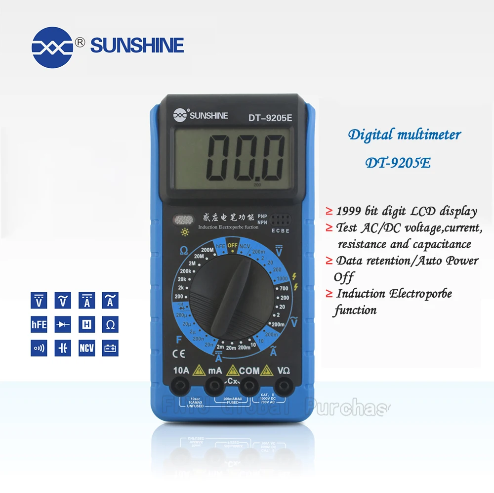 4-разрядный ЖК-дисплей Цифровой Высокоточный мультиметр SUNSHINE 9205E Индукционная ручка мобильного телефона напряжение постоянного тока сопротивление инструмент обнаружения