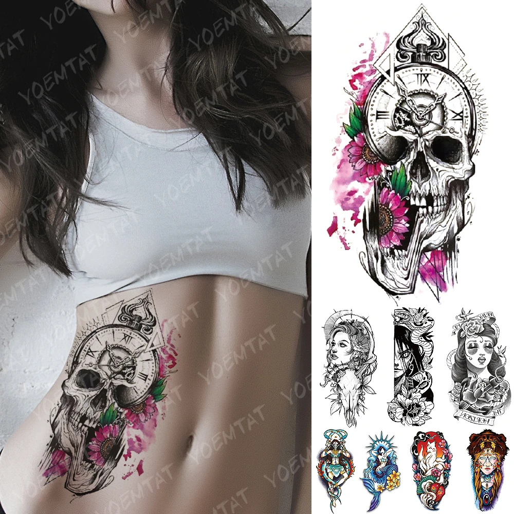 Waterproof Temporary Tattoo Sticker Daisy Clock Skull Flash Tattoos Mermaid  Fox Demon Body Art Arm Fake Sleeve Tatoo Women Men - Temporary Tattoos -  AliExpress