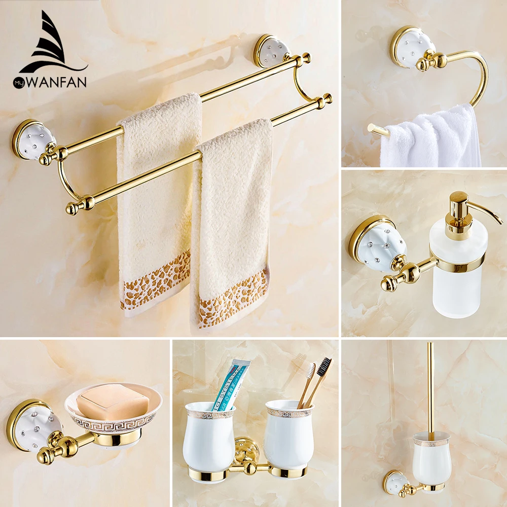 

Bathroom Accessories Bath Hardware Set Golden Color Toilet Paper Holder Towel Rack Tissue Holder Cup Holder Robe Hook 5200K