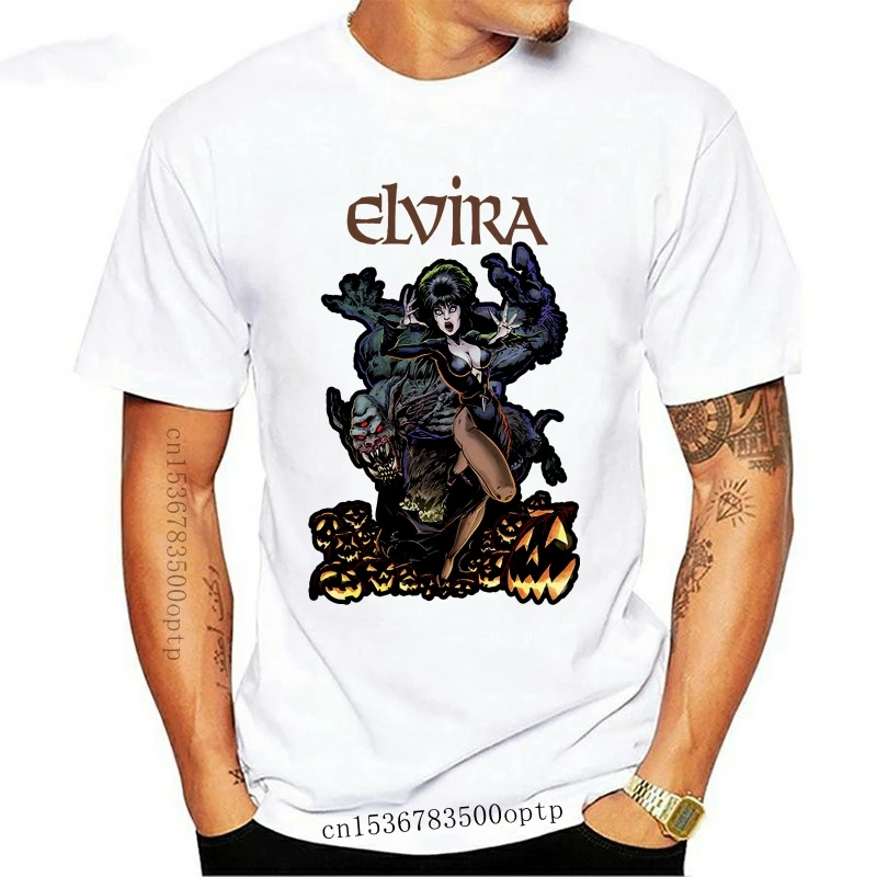 Новинка Мужская забавная футболка Elvira с постером фильма хозяйка темного Топ в