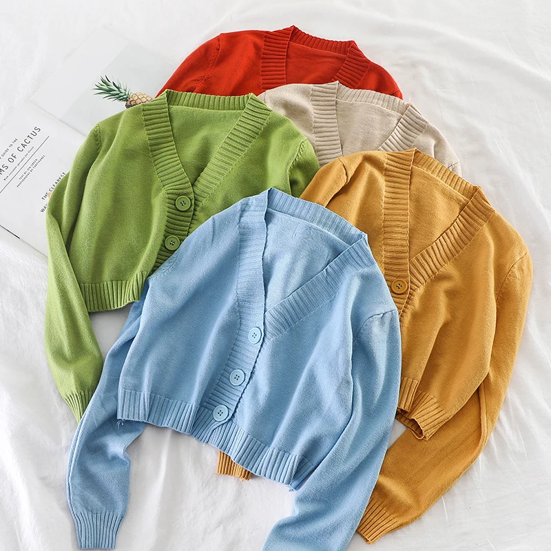 

SKOONHEID Women Solid knitted Sweaters Elelgant V-Neck One Breasted Long Sleeves Short Multicolor Tops Causal Ladies Cardigan