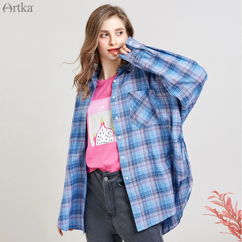ARTKA осень новые женские блузки хлопок Мода Винтаж клетчатая рубашка отложной воротник Повседневная Свободная рубашка пальто SA10696C