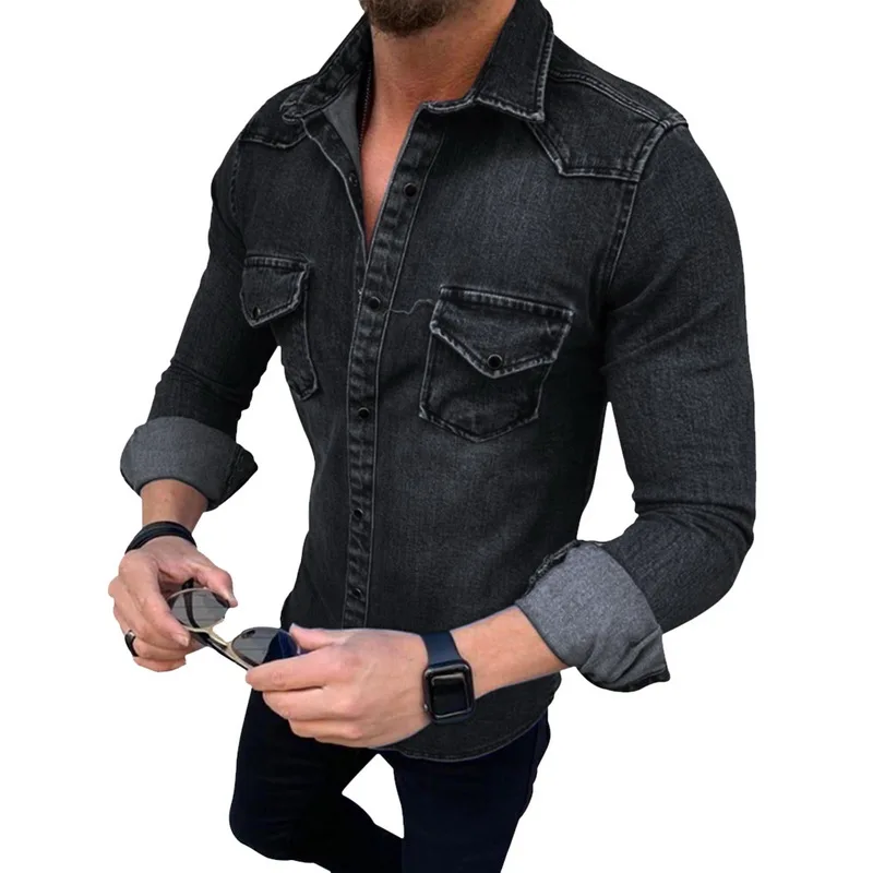 CYSINCOS модная мужская джинсовая рубашка с длинным рукавом плюс размер хлопок Джинсы Кардиган Повседневная приталенная рубашка два кармана Топы Одежда - Цвет: black