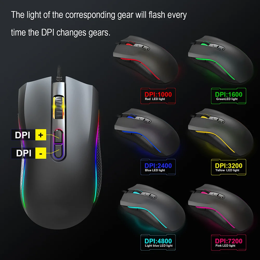 Проводная RGB игровая мышь 7 программируемых кнопок 7200 dpi Регулируемая оптическая игровая мышь RGB задний светильник игровая мышь для геймера FPS