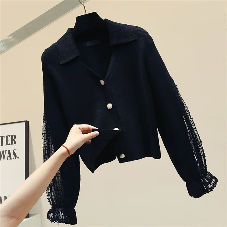 Autumn Winter Lapel Thick Knitted Cardigan Sweater Female Knit Coat Fashion Lace Sleeve Cardigans Jacket Womens Basic Sweaters
