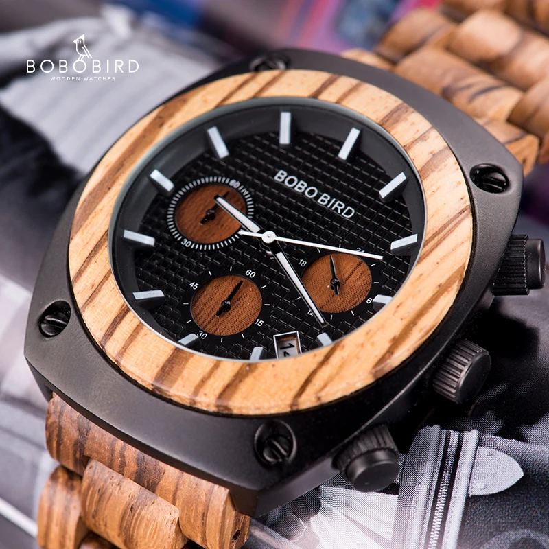 Montre homme BOBO BIRD Зебра деревянные часы мужские Хронограф Дата показать кварцевые наручные часы мужские секундомер V-T08 в подарочной коробке