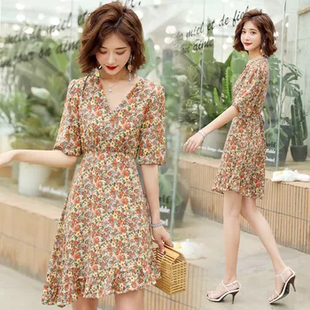

Sweet Cute Ruffle Print Dress Women Fashion Short Sleeves V Neck Casual Summer Dress Girls A Line Mini Chiffon Dresses