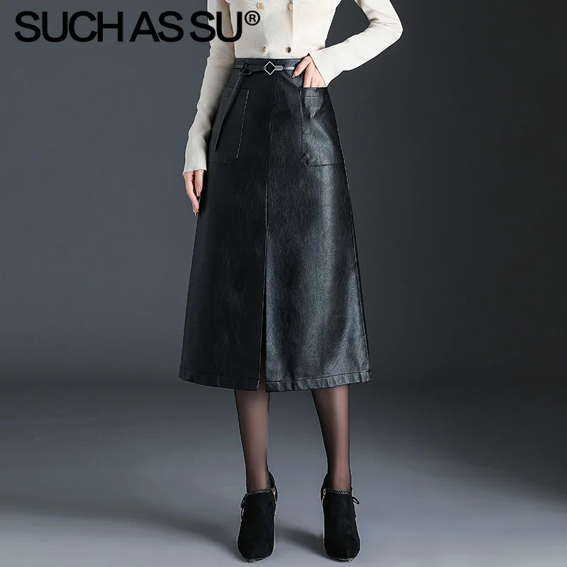 Осень Зима новая кожаная юбка женская черная на шнуровке средней длины трапециевидная юбка S-3XL размера плюс высокая талия PU юбка женская