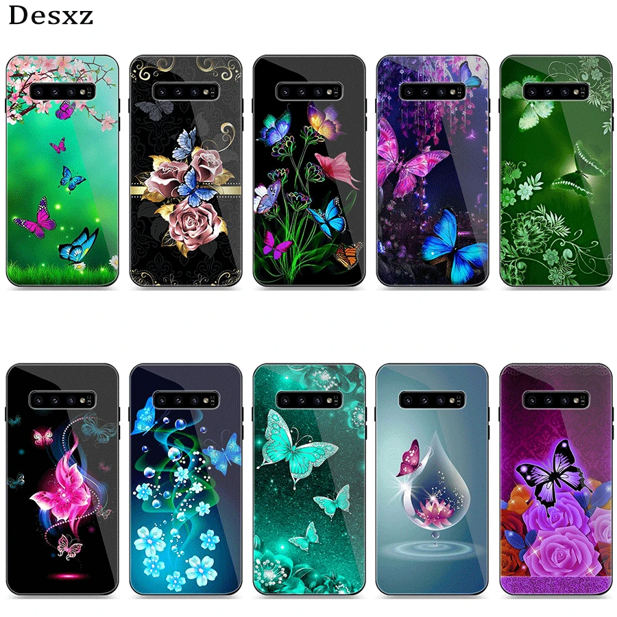 Phone Case Glass For Samsung A70 A50 A30 A40 A20 A60 A10 S7 Edge S8 S9 S10 Plus Cover Butterfly White Roses Flower | Мобильные
