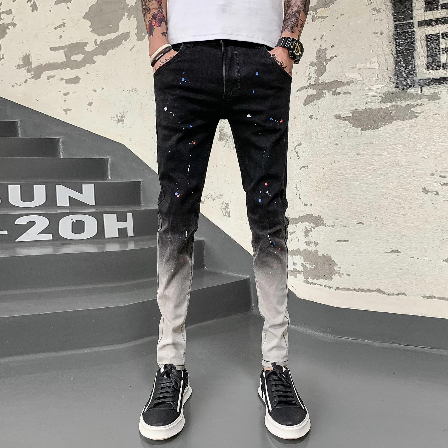 Popular 2019 New style Fashion male autumn slim fit broken hole jeans/Men's High quality pure cotton Color matching Pencil pants 28-34