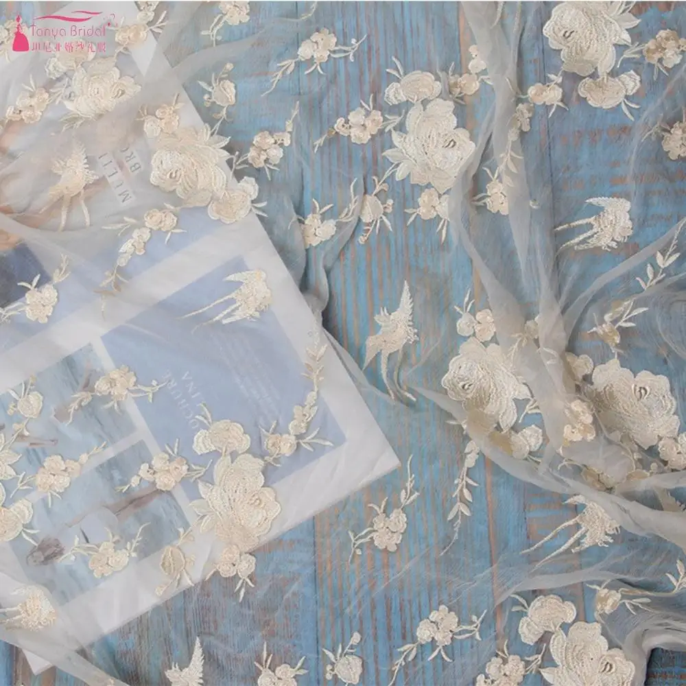 1 ярд высокое качество 115 см Ширина кружевная ткань аксессуары одежда марля материал Тюль Свадебное кружево Абрикосовый Цвет DQG1040