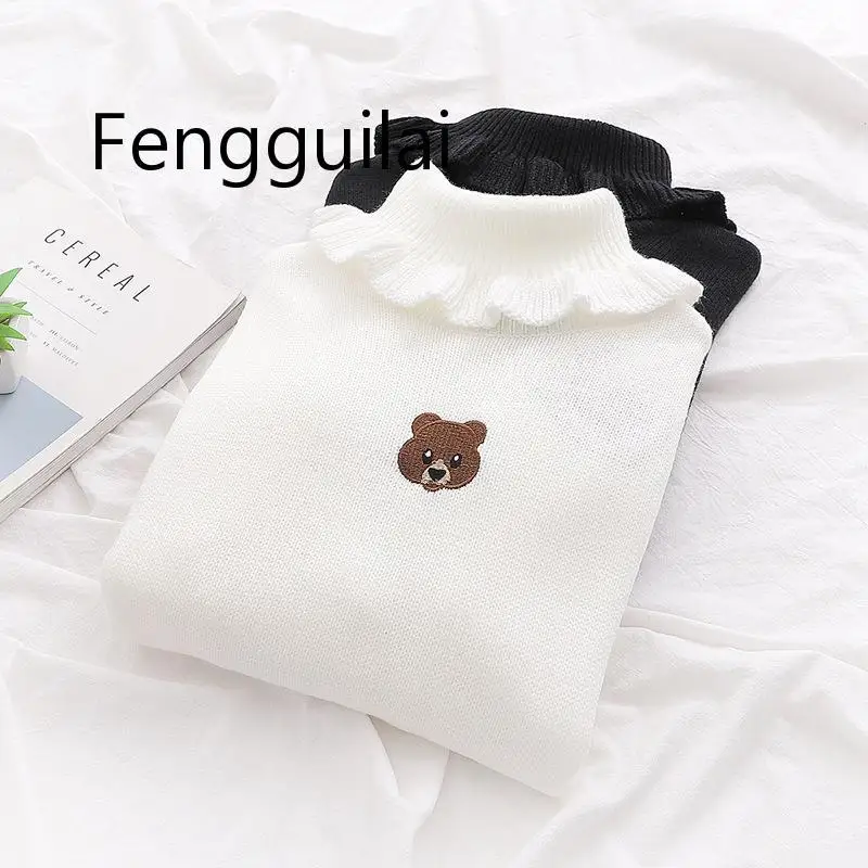 Harajuku Cute Bear Girl Sweater Vintage Knitted High Neck Kawaii Female Pullover Women Turtleneck Ruffle Slim Jumper White Black Harajuku Cute Bear Girl Sweater Vintage Knitted High Neck Kawaii Female Pullover Women Turtleneck Ruffle Slim Jumper White Black