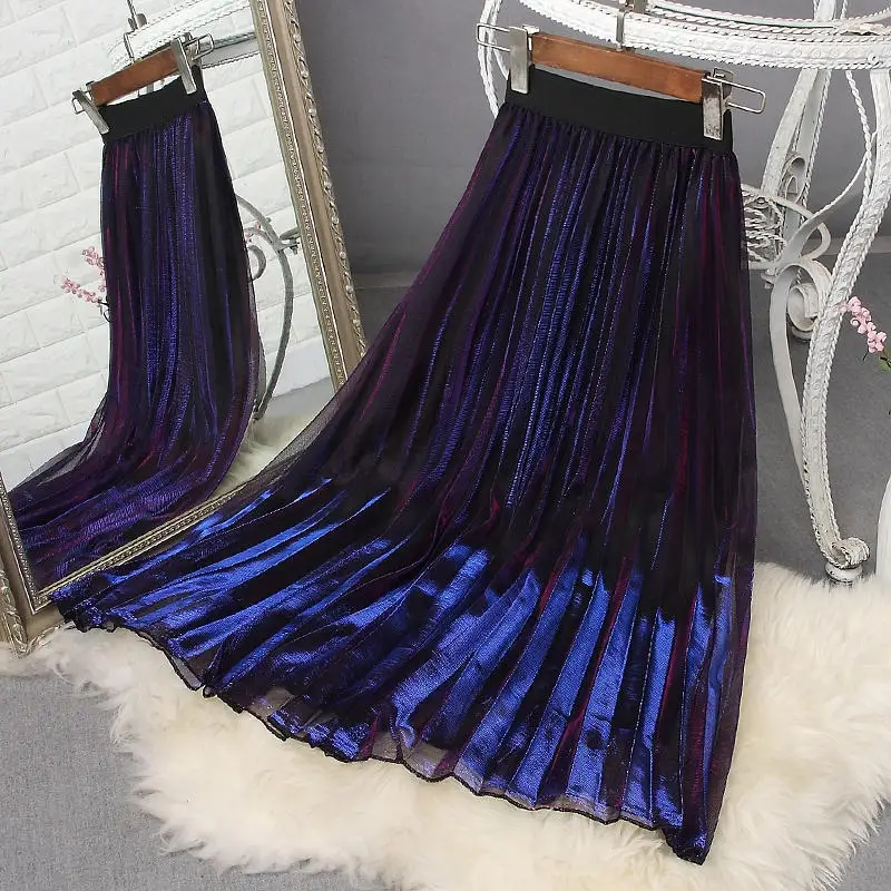 Blue purple Skirts Весенне-осенние женские юбки с завышенной талией, Женская эластичная винтажная плиссированная юбка, женская элегантная сетчатая юбка миди Q2232 - Цвет: Blue purple Skirts